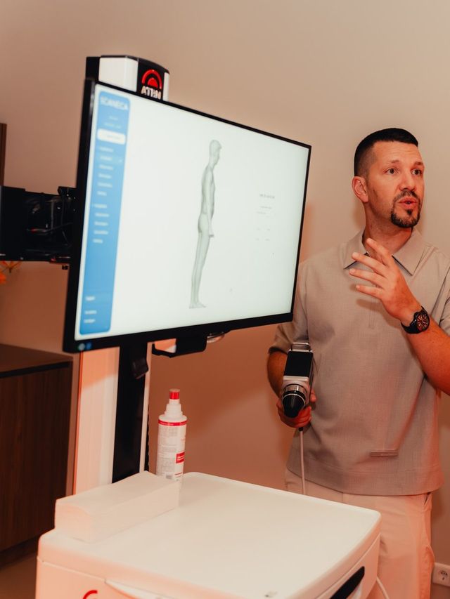 A team member explains the body model from the measurement on a screen