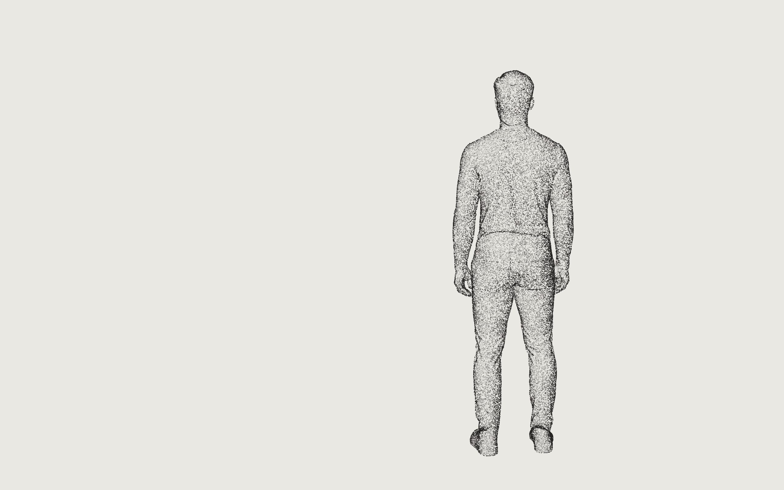 A human body made of fine grey dots on a light ground