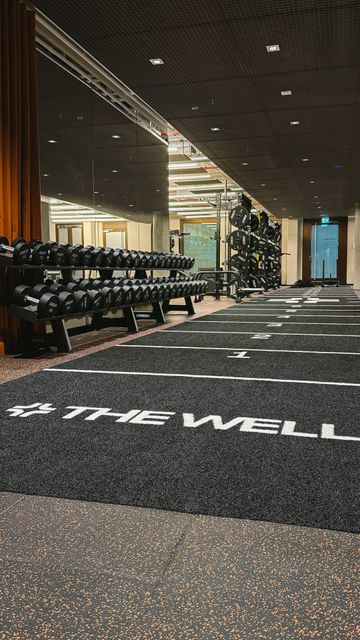 Black turf track with white lines and the THE WELL logo, rows of dumbbells on the left