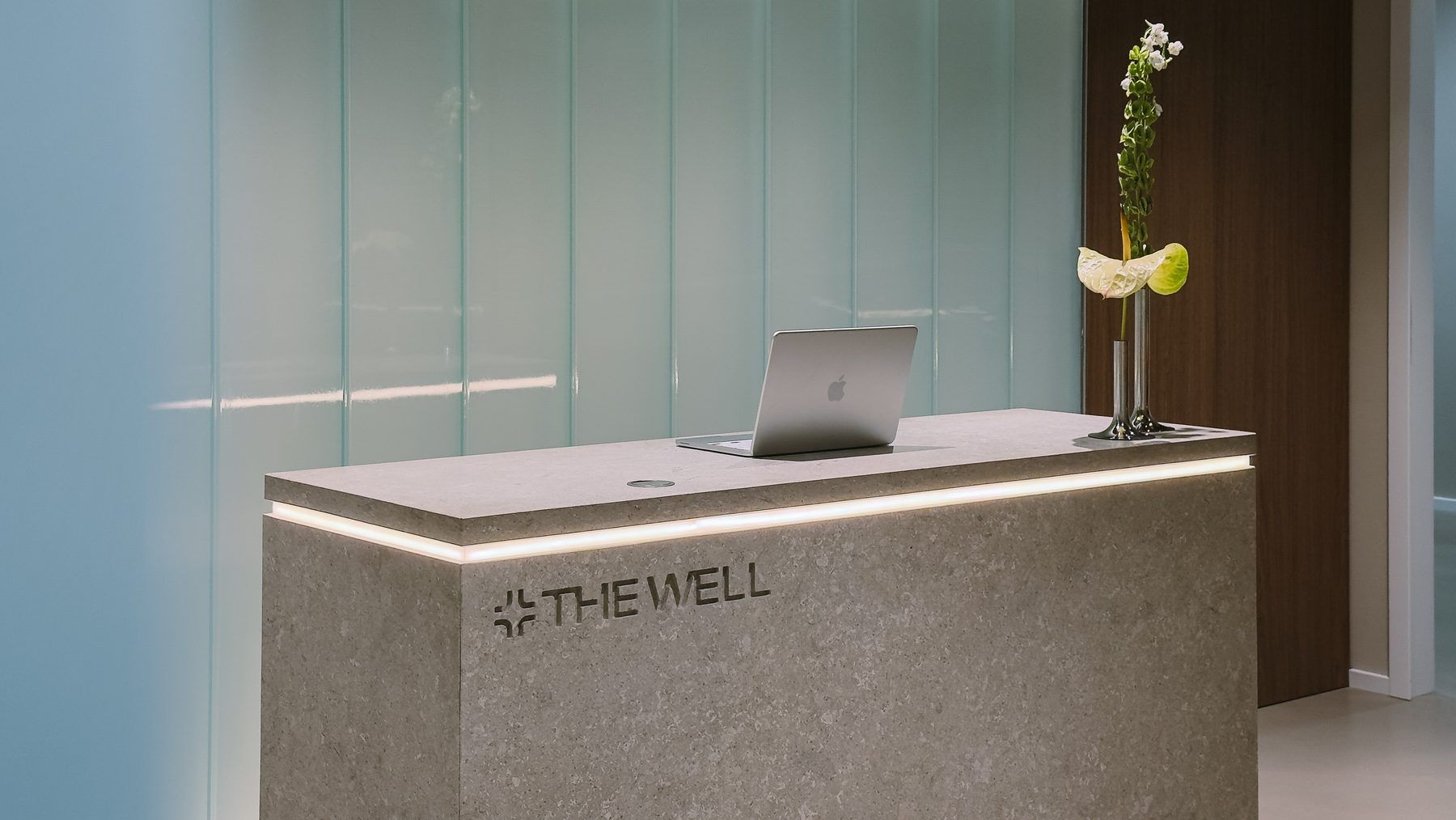 Stone reception desk with an etched THE WELL logo