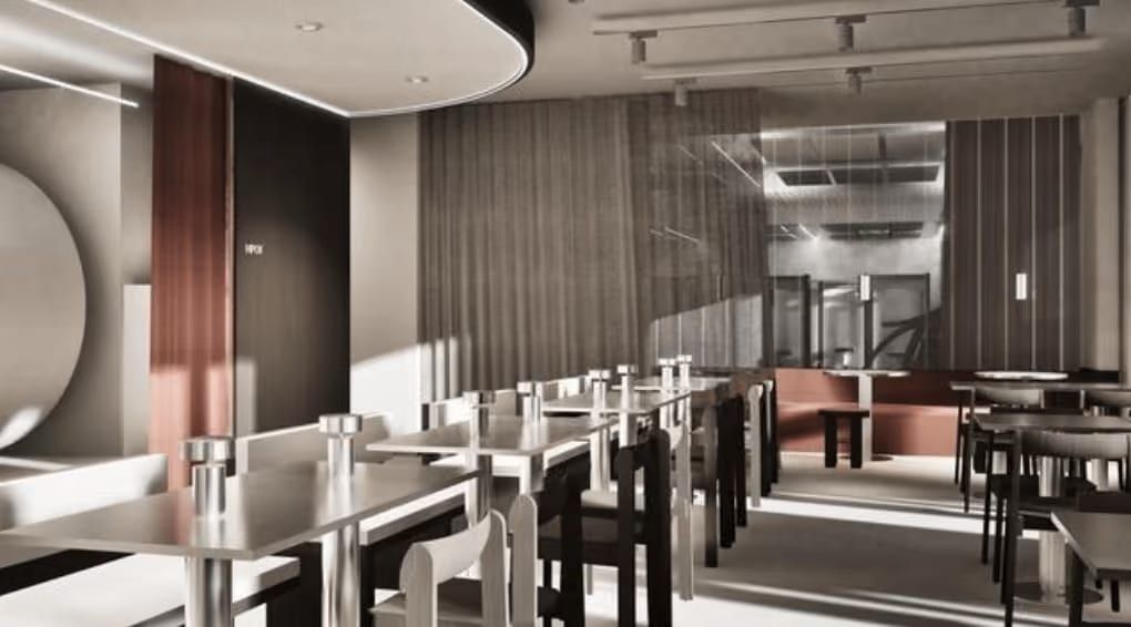 Rendering des Club-Restaurants mit Tischreihen, Metallleuchten und Vorhängen in Grau und Rostrot.
